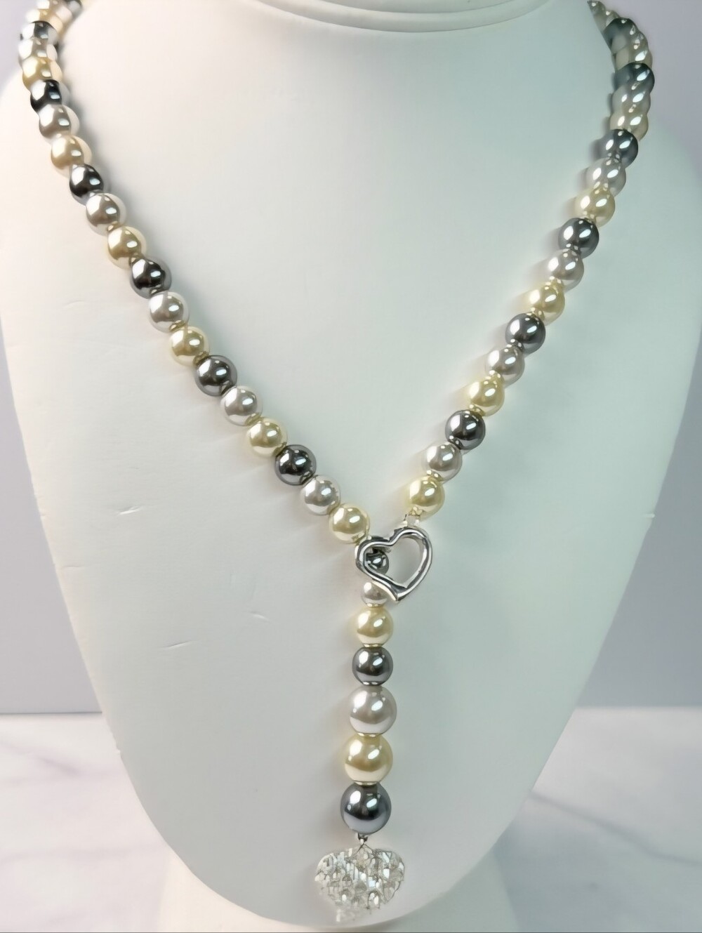RETIRED AVON 3-Color Pearlesque Pearl Heart Lariat Y-Necklace w Rhinestone Heart